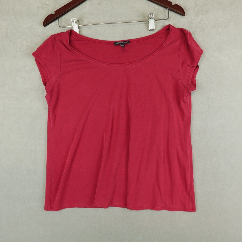Eileen Fisher T Shirt 100% Silk Jersey Short Sleeve Scoop Neck Tee Red Classic